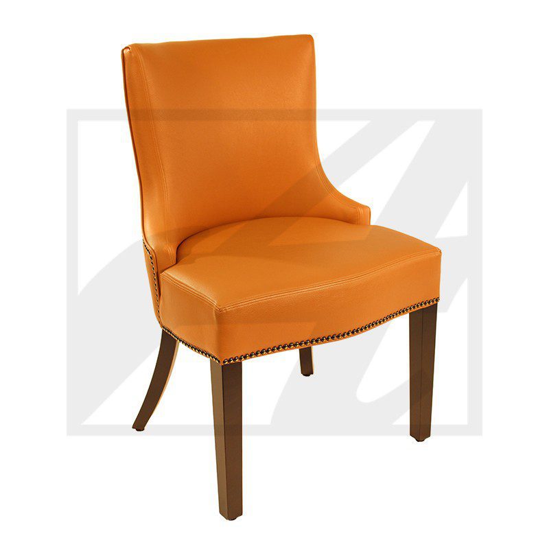 Orange upholstered chair with wooden legs.