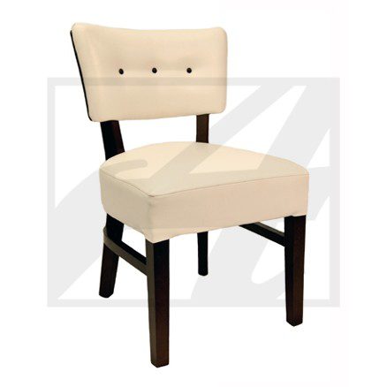Beige upholstered chair with dark wooden legs and back support.