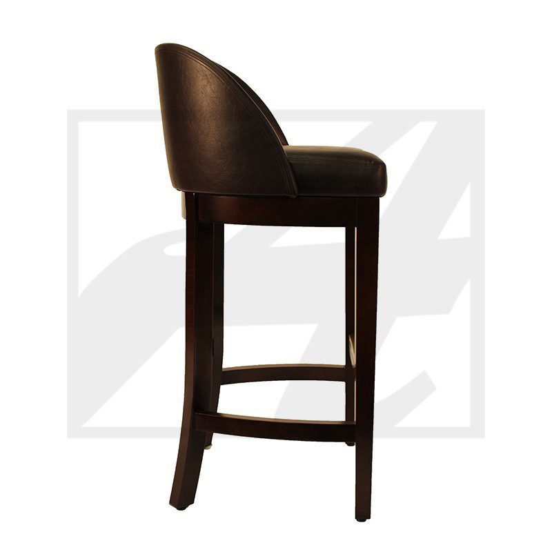 Side view of a dark brown leather bar stool with wooden legs.