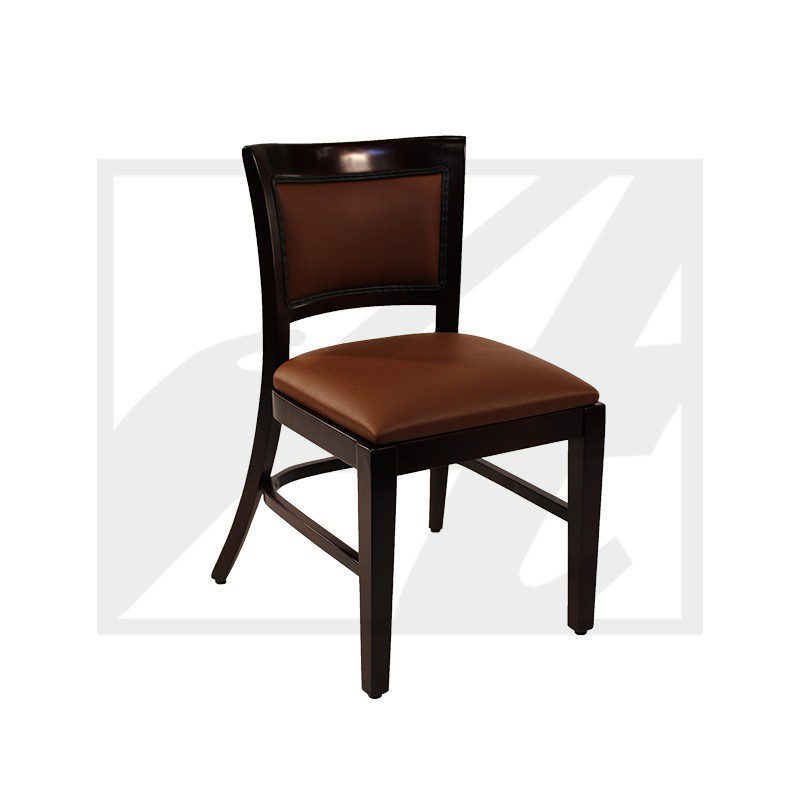 Elegant wooden chair with a brown leather seat and backrest.