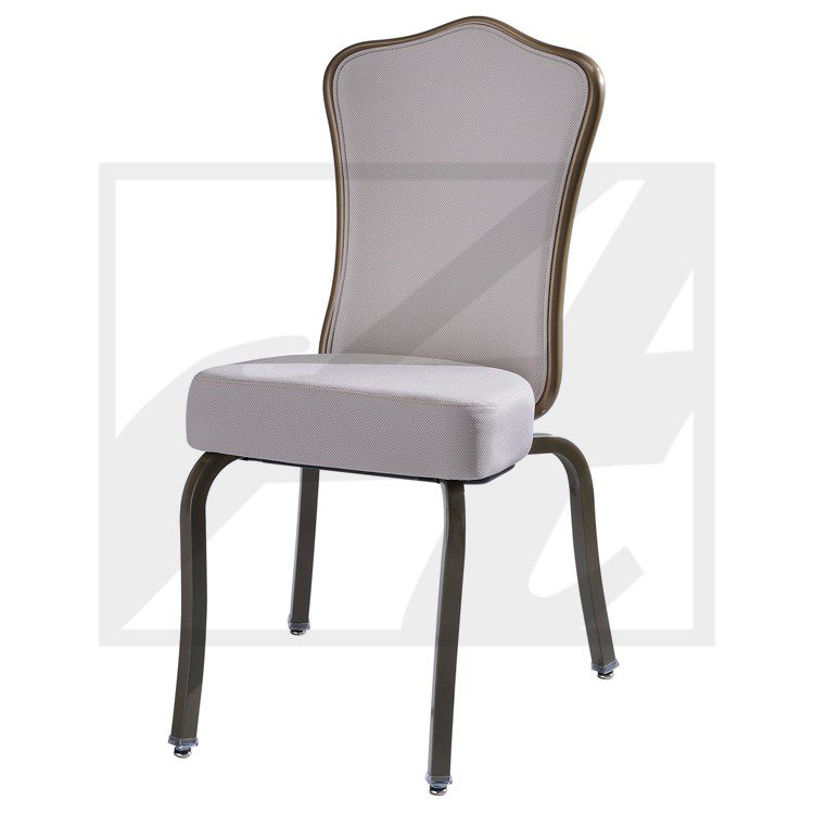 Simple chair with cushioned seat and mesh backrest.