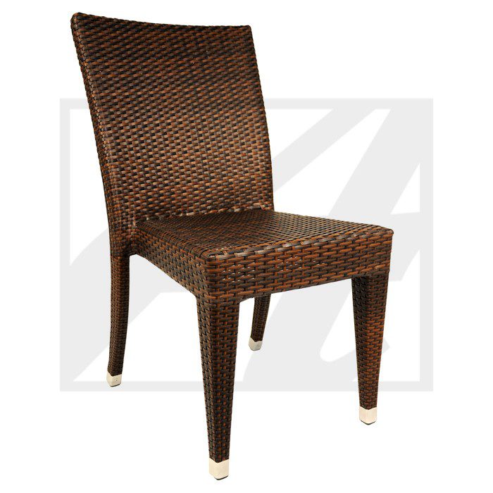 A brown woven rattan dining chair with tapered legs and a cushioned seat.