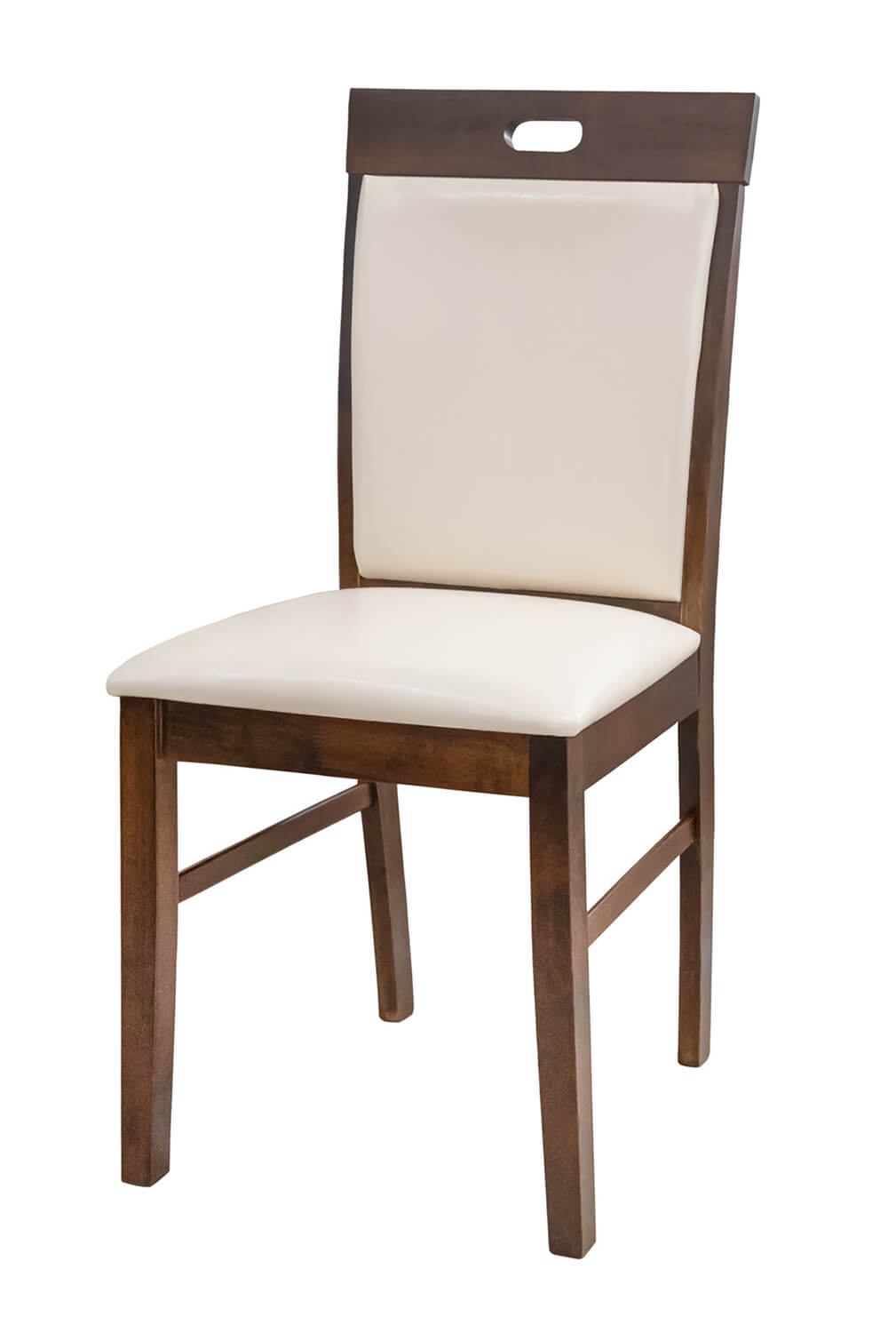 Upholstered wooden dining chair with cream fabric and dark brown legs.