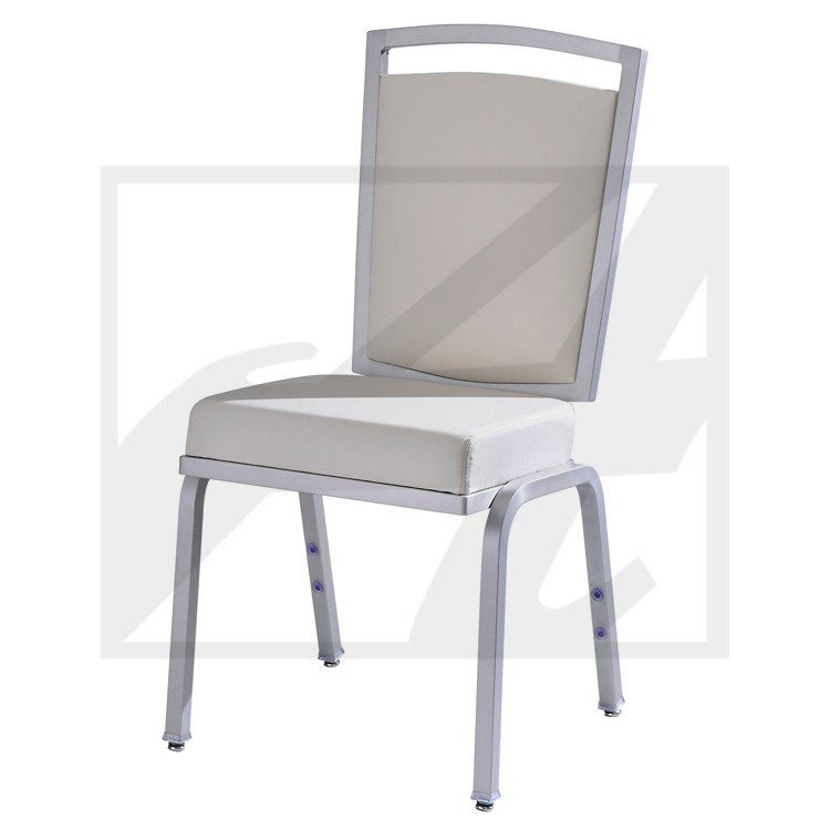 Modern beige cushioned chair with metal frame and mesh back.