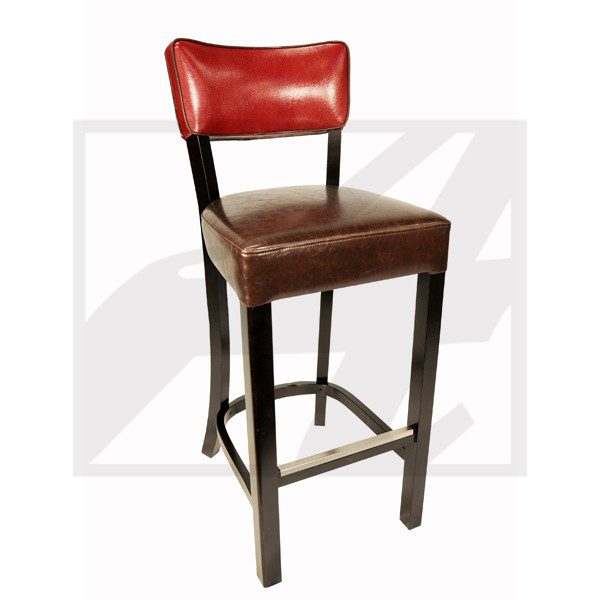 A tall bar stool with a red cushioned backrest and brown seat.