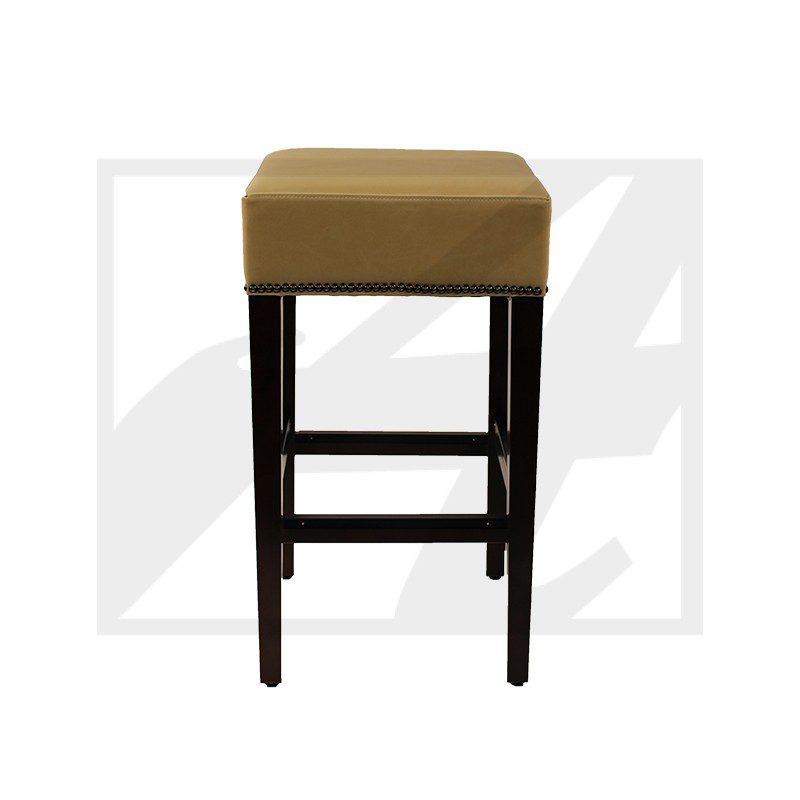 Tall wooden stool with a beige cushioned seat and sturdy legs.