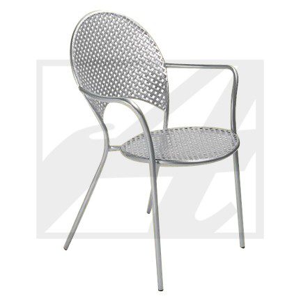Modern gray metal chair with a perforated round back and seat.