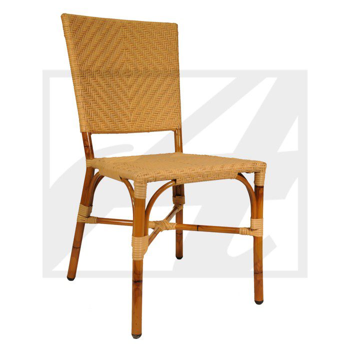 A wicker chair with a high backrest and curved legs.