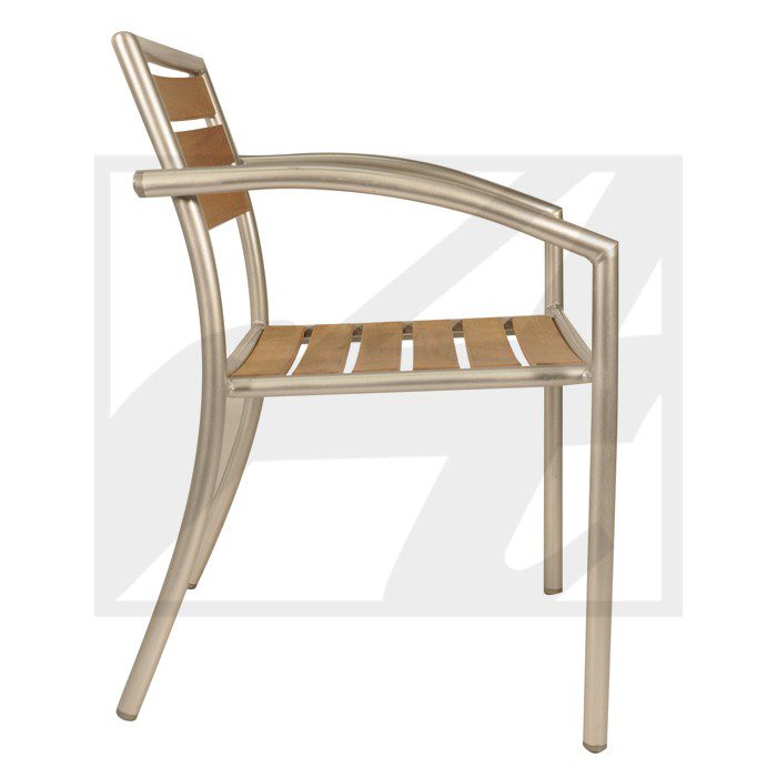 Metal chair with wooden slats and armrests.