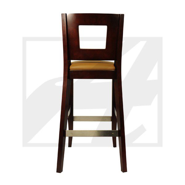 Tall wooden bar stool with a cushioned seat and a rectangular backrest cutout.