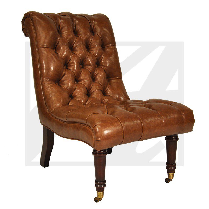 Elegant brown leather tufted chair with wooden legs.