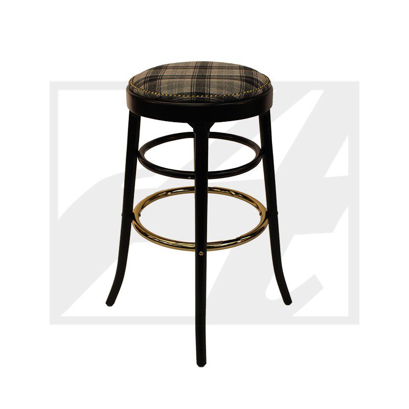 A stylish bar stool with a plaid cushioned seat and black metal frame.