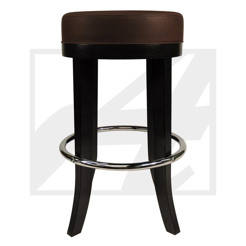 Brown cushioned bar stool with black legs and a silver footrest ring.