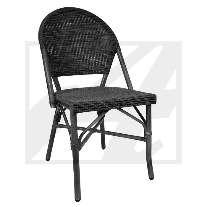 Black woven rattan chair with a curved backrest and crossbar support.
