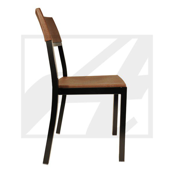 Modern wooden chair with a black frame and brown seat and backrest.