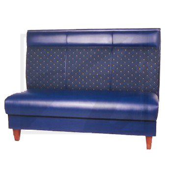Blue leather loveseat with tufted backrest and wooden legs.