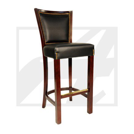 Elegant wooden bar stool with black leather upholstery and carved backrest.