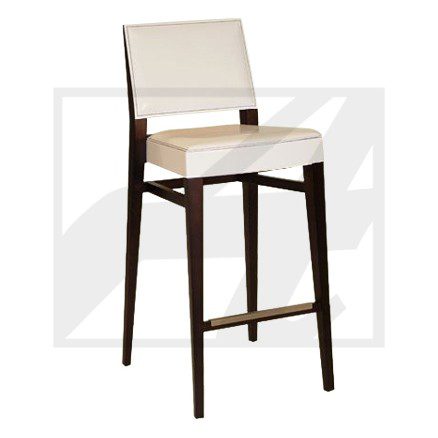 Modern bar stool with white seat and dark wooden legs.