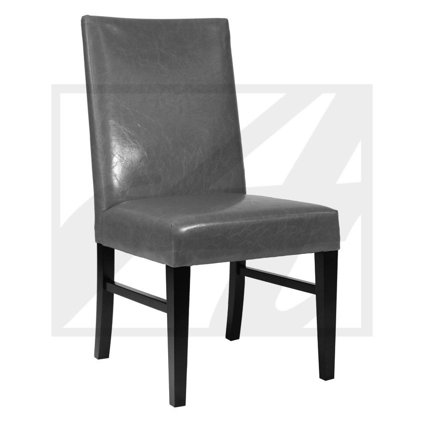 Modern gray upholstered dining chair with dark wooden legs.