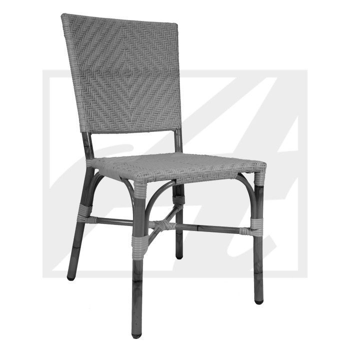 Gray woven chair with a sturdy frame and simple design.
