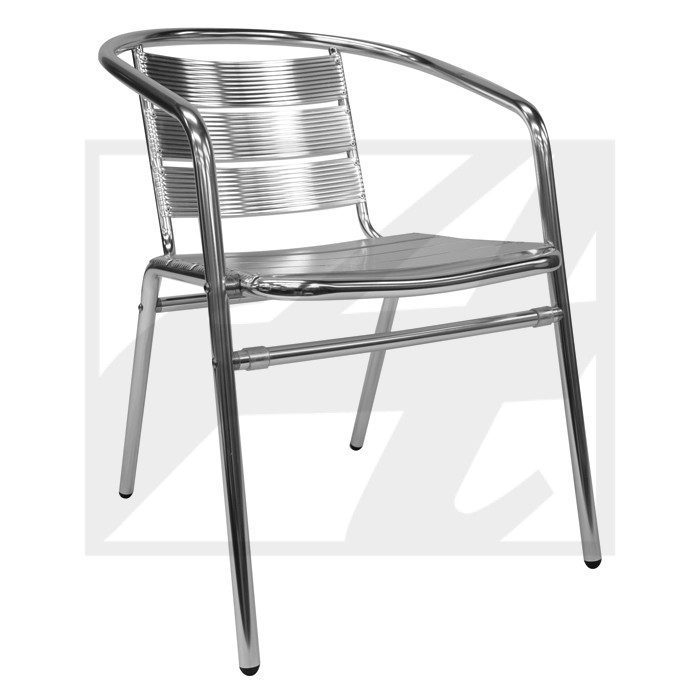 A modern metal chair with armrests and a sleek design.