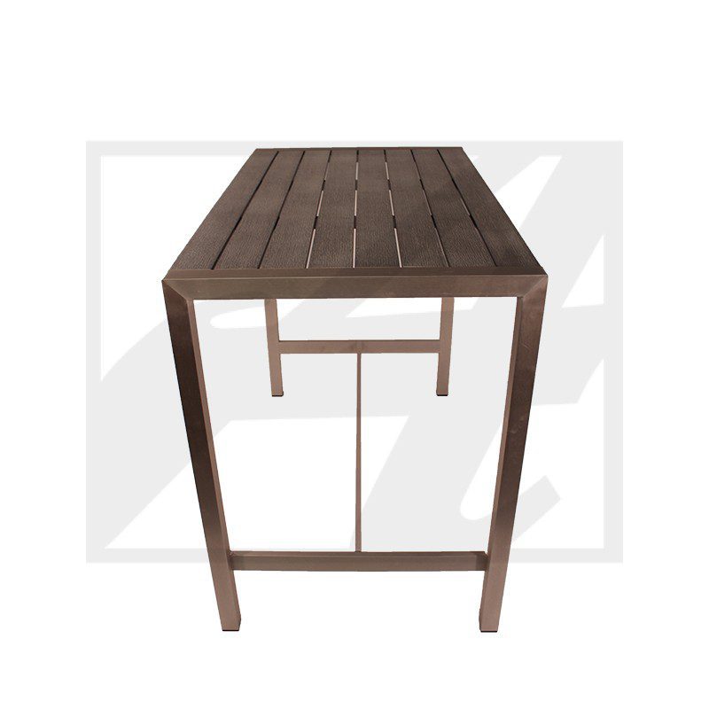 A simple wooden table with a slatted top and four legs.