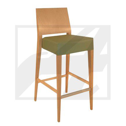 Wooden bar stool with green cushioned seat and backrest.