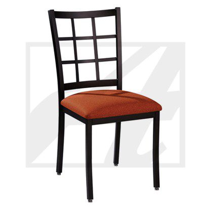 Black wooden chair with grid-patterned back and orange cushioned seat.