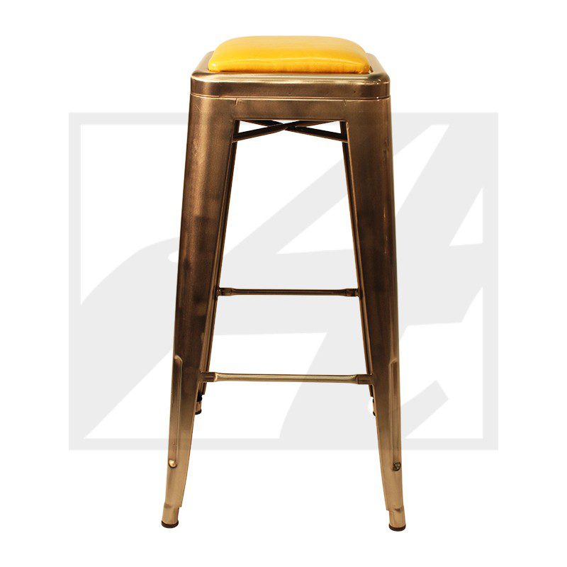 Tall metal bar stool with a yellow cushioned seat.