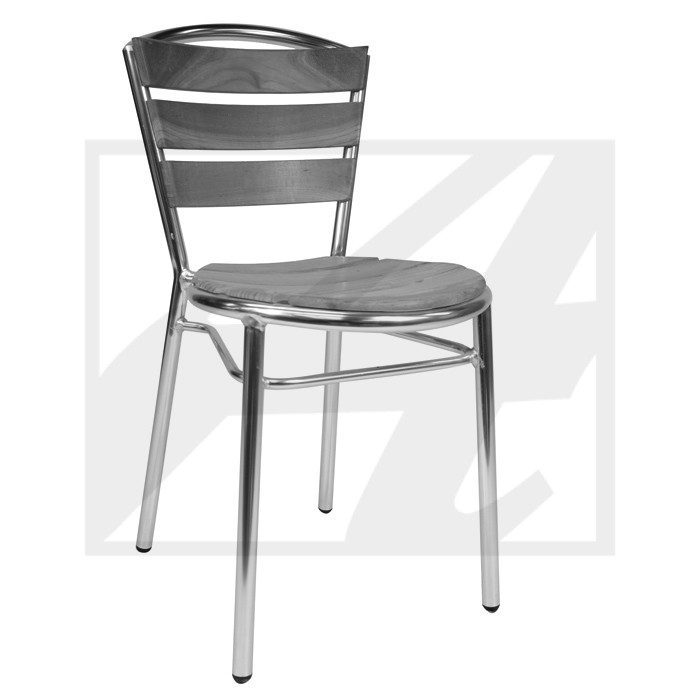 Metal chair with a slatted backrest and four legs.