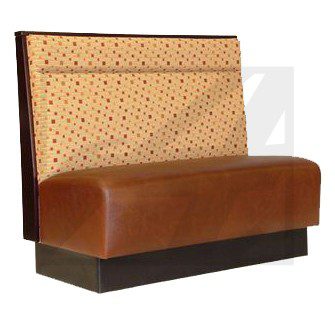 Brown and beige upholstered booth seat with a dark base.