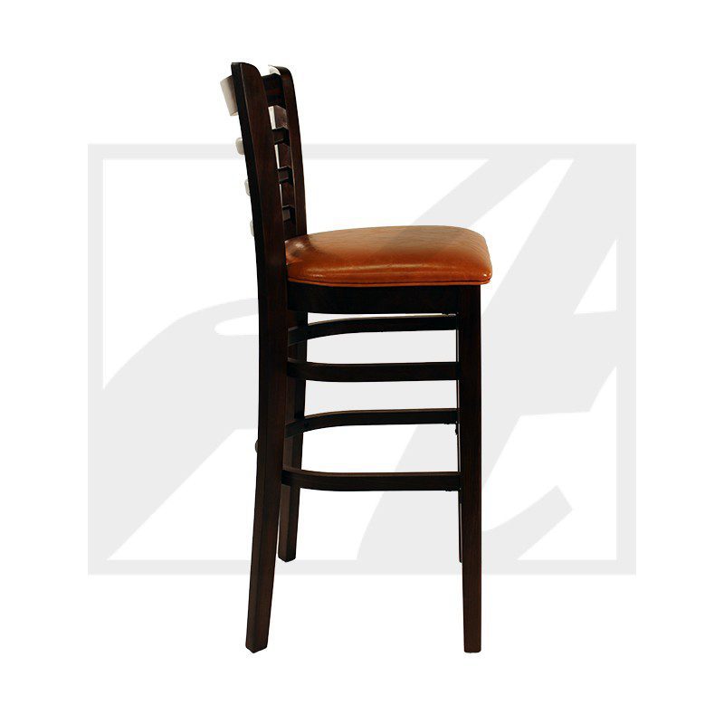 Tall wooden bar stool with a cushioned seat and backrest.