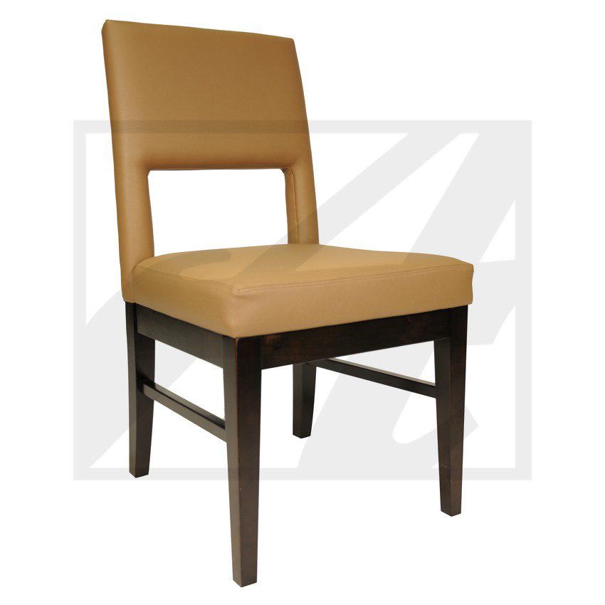 Modern chair with tan upholstery and dark wooden legs.