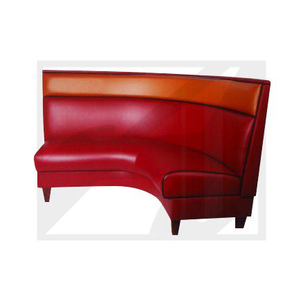 Red curved restaurant booth seating with a glossy finish.