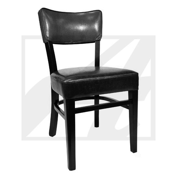 Black wooden chair with cushioned seat and backrest.