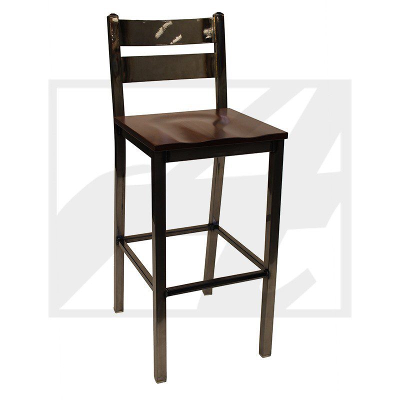 Tall wooden bar stool with a dark finish and simple design.