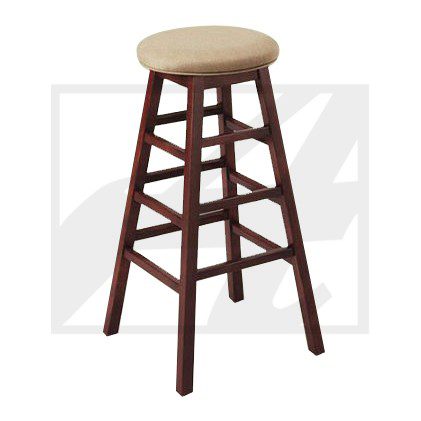 Wooden bar stool with a round cushioned seat and sturdy legs.