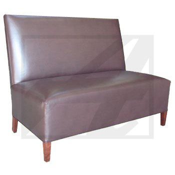 A brown leather loveseat with wooden legs.