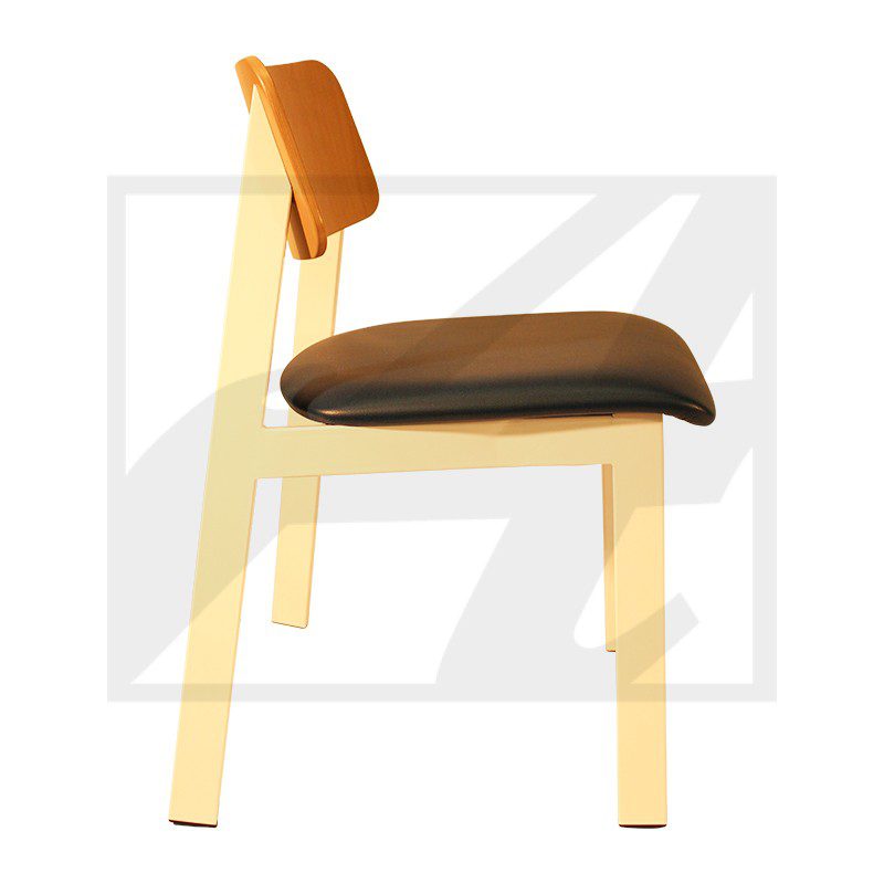Modern wooden chair with cushioned seat and backrest.