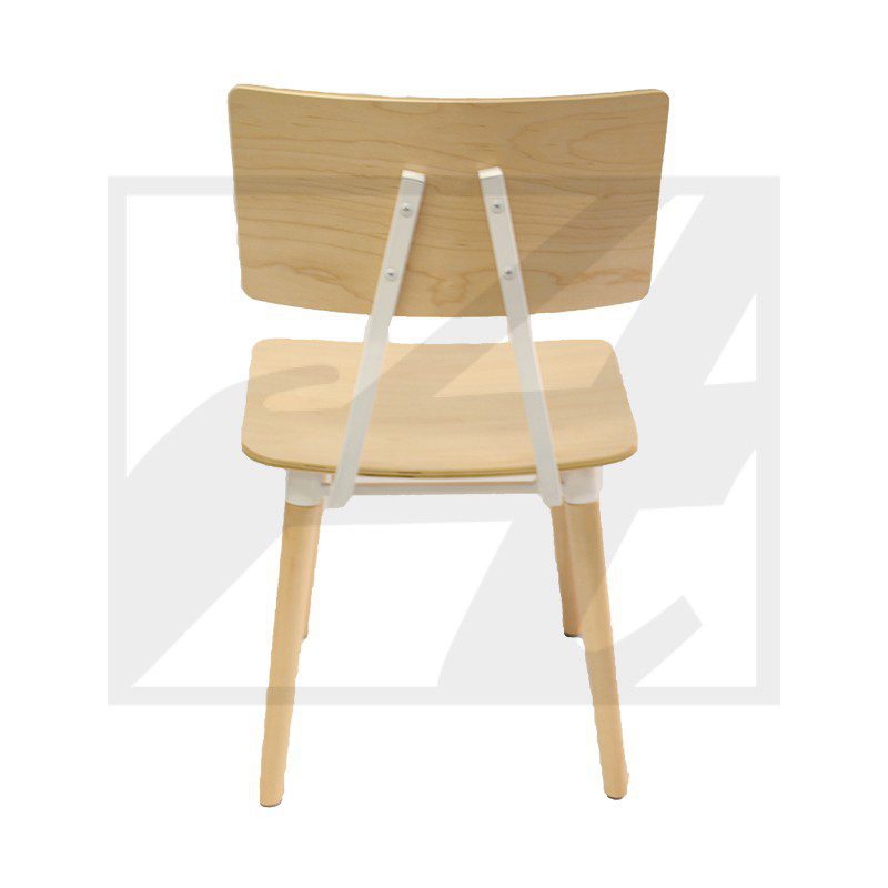 Wooden chair with a modern minimalist design and light finish.