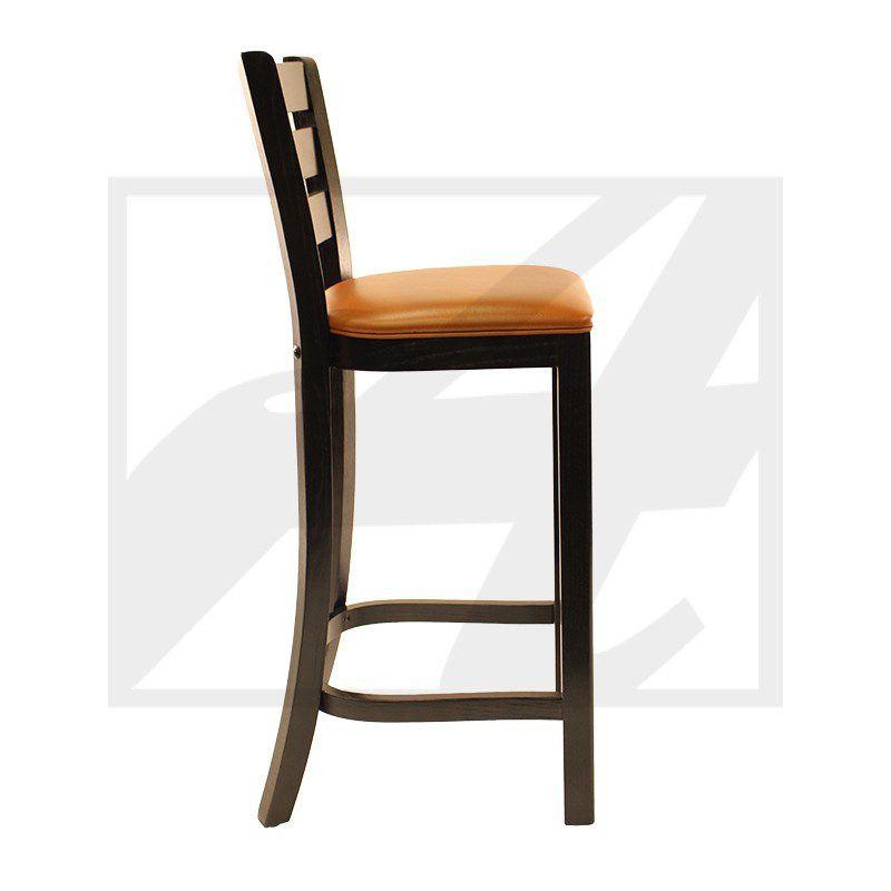 Tall wooden bar stool with cushioned seat and backrest.