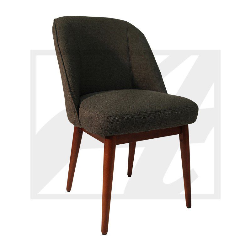 Elegant dark upholstered chair with wooden legs.