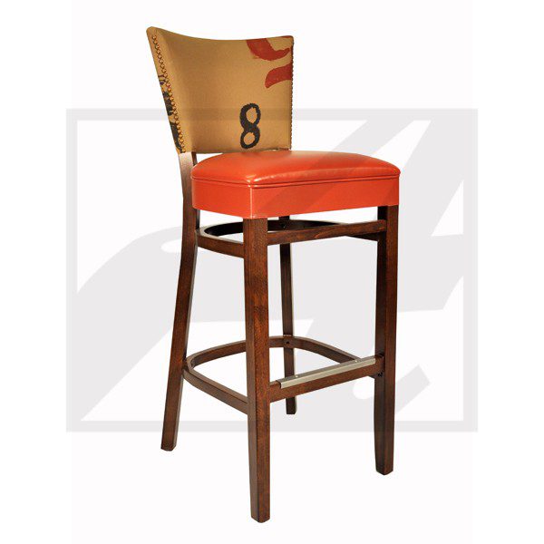 Wooden bar stool with orange cushioned seat and numbered backrest.