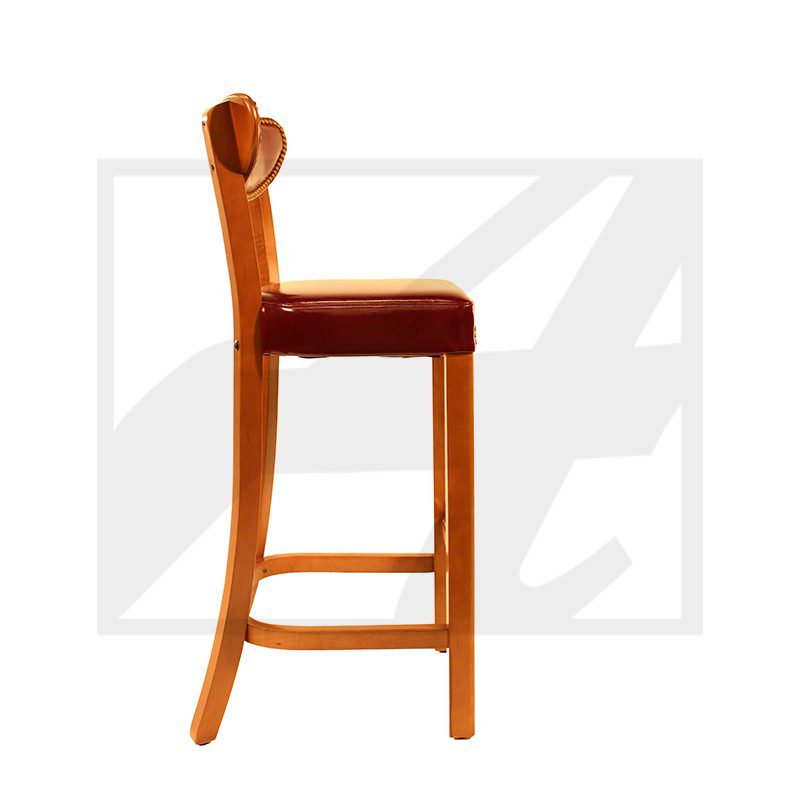 Side view of a wooden bar stool with a cushioned seat and backrest.