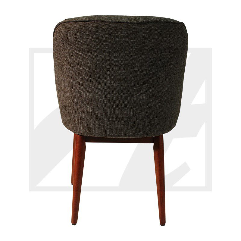 Rear view of a modern upholstered chair with wooden legs.