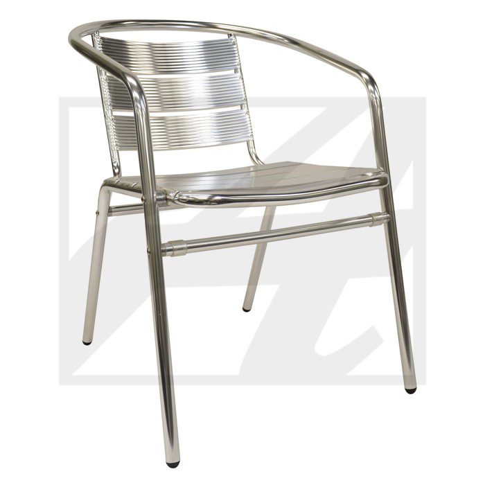 Sleek metal chair with armrests and horizontal slats design.
