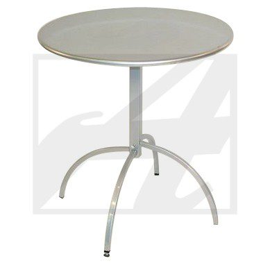 A round metal table with three curved legs and a smooth surface.