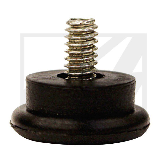 Close-up of a small threaded metal screw attached to a round black plastic base.