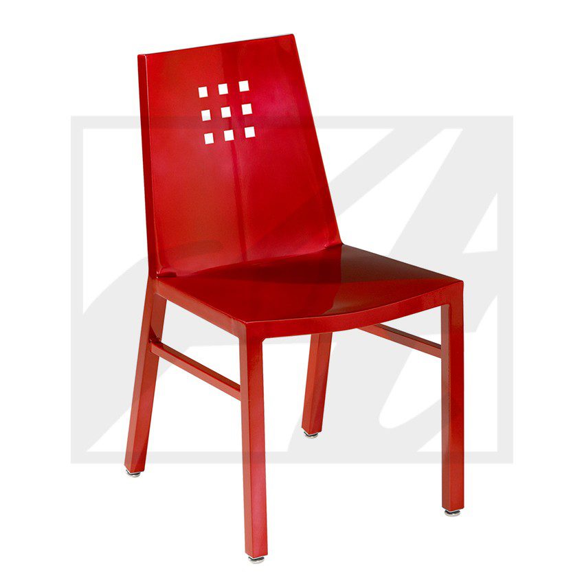 Modern red wooden chair with a perforated backrest.