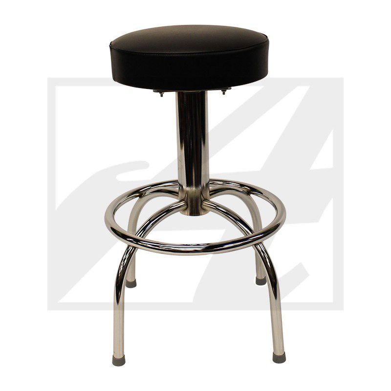 Black cushioned bar stool with chrome legs and footrest.